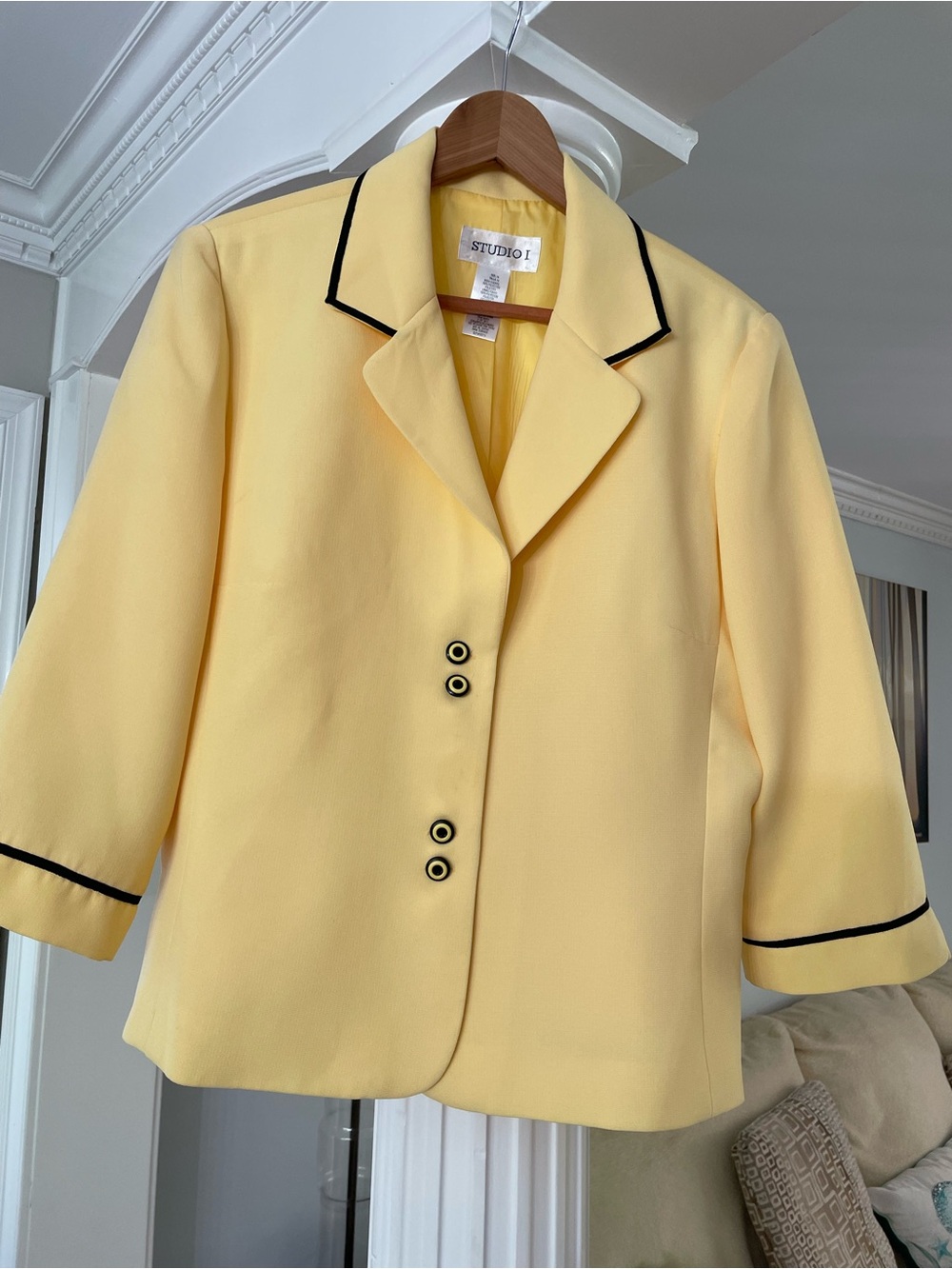 Studio 1 women’s size 14 blazer with black trim , buttercream yellow.